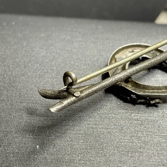 Silver Branch Lucky Horseshoe Antique Brooch White Rhinestones 800 Silver - Picture 12 of 12
